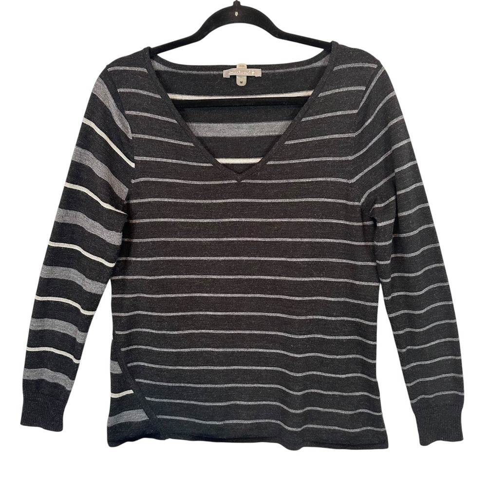 Smartwool Womens Medium Merino Wool V-neck Striped Sweater Gray Black Outdoor